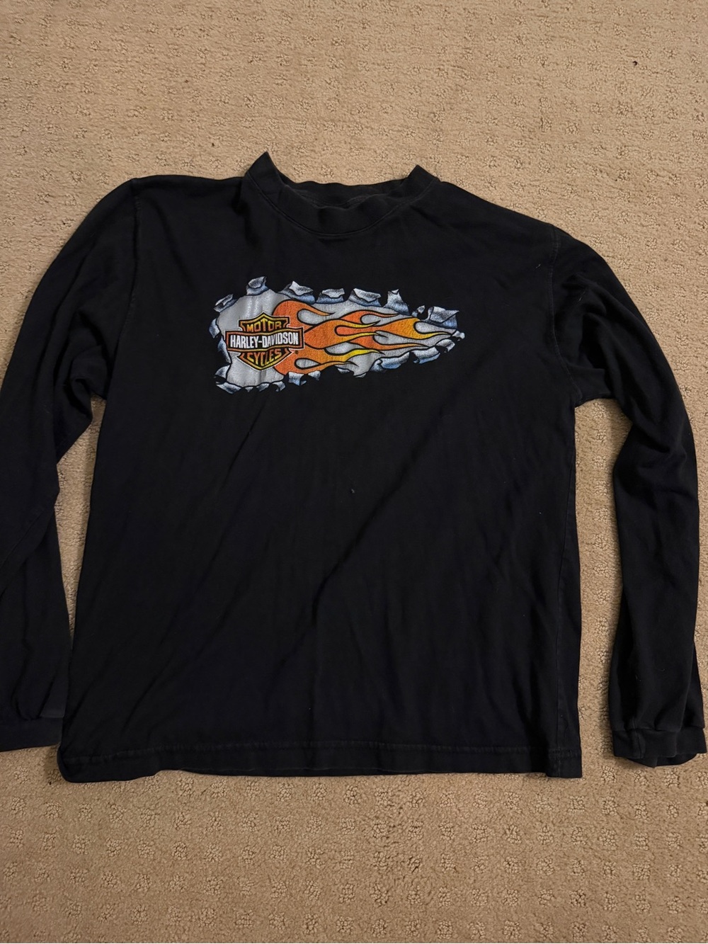 Vintage Harley-Davidson Black Long-Sleeve Shirt with Orange Flame Graphic